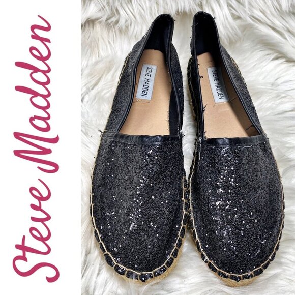 STEVE MADDEN LUNAH BLACK SPARKLE PLATFORM ESPADRILLE LOAFER SLIP ON, SIZE 7.5 - Picture 1 of 7